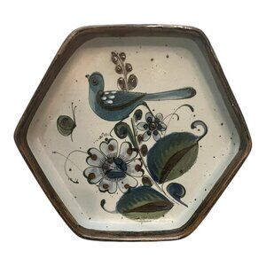 Mexican Pottery Hexagonal Plate With Bird & Floral Design Signed MRR 9"
